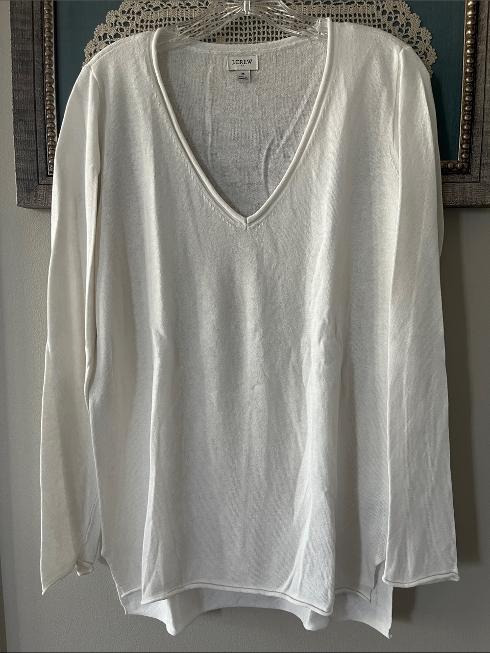 J. Crew White Linen Blend V-Neck Sweater